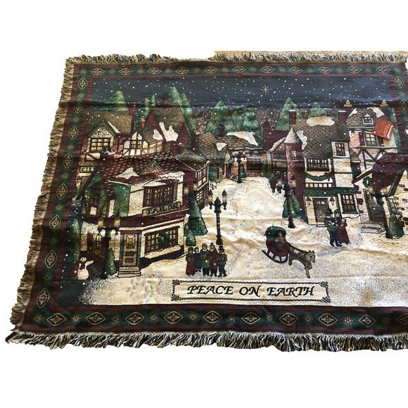 Peace On Earth Christmas Tapestry Throw Blanket NEW Victorian Village Cotton 74" - Picture 3 of 12